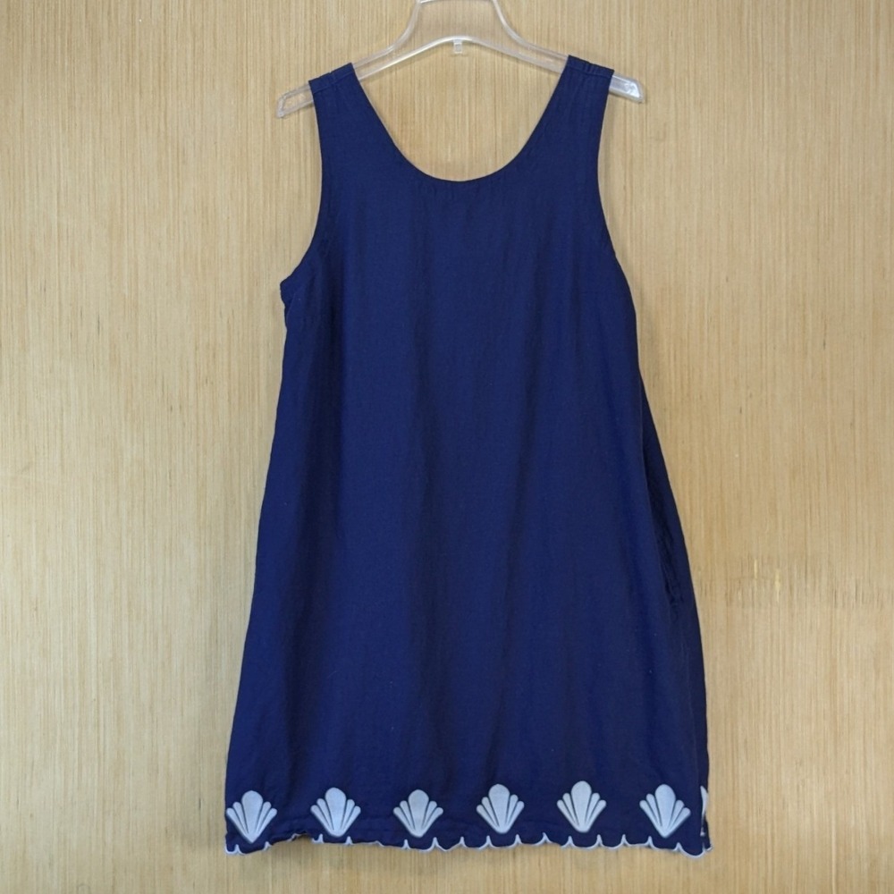 Calypso St Barth Linen Blend Coastal Shell Embroidered Dress Size L Navy Blue